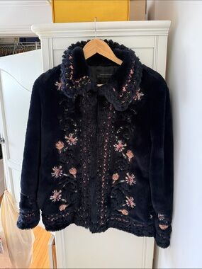 Zara Black Teddy Jacket with Pink Floral Embroidery